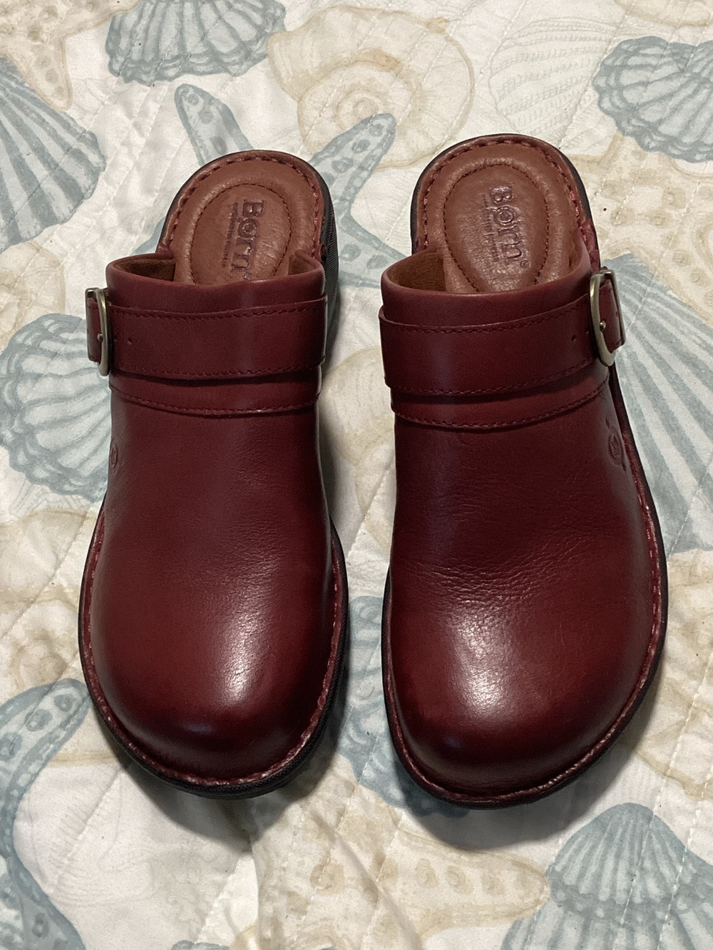 Born  Burgundy Leather Slip-On Clogs with Side Buckle